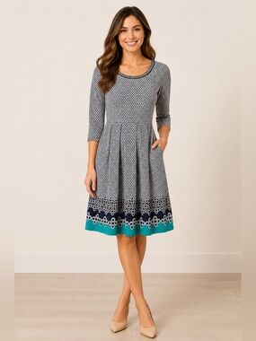 Max Studio Geometric Print Fit & Flare Dress Size Small Navy Teal 3/4 Sleeve